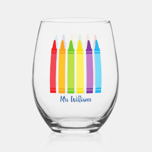 Cute Crayon Elementary School Teacher Personalised Stemless Wine Glass