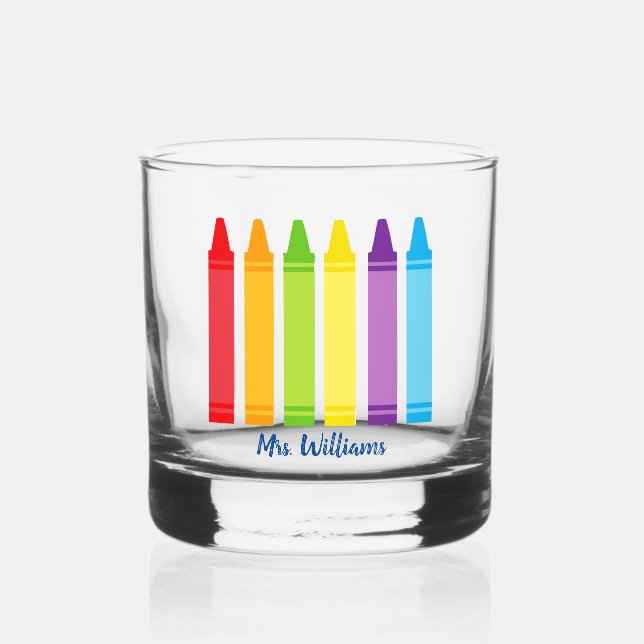 Cute Crayon Elementary School Teacher Personalised Whiskey Glass (Front)