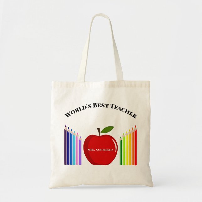Cute Crayon Elementary Teacher Apple Tote Bag (Front)
