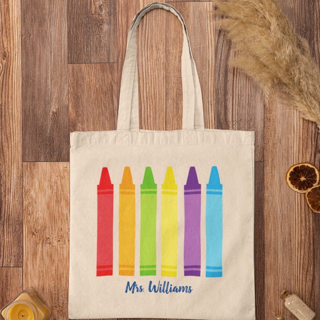 Cute Crayon Kindergarten Teacher School Monogram Tote Bag (Creator Uploaded)