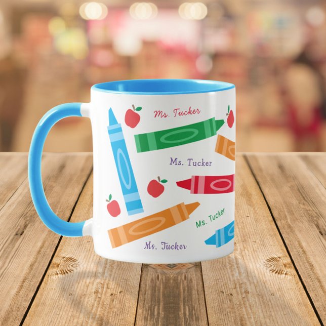 Cute Crayons & Apples Teacher's Name Coffee Mug (Creator Uploaded)