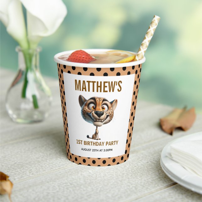 Cute Crazy Cheetah Farm Theme 1st Birthday Paper Cups (Insitu)
