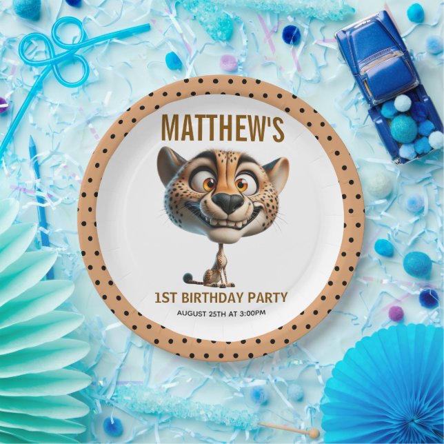 Cute Crazy Cheetah Farm Theme 1st Birthday Paper Plate (Party)