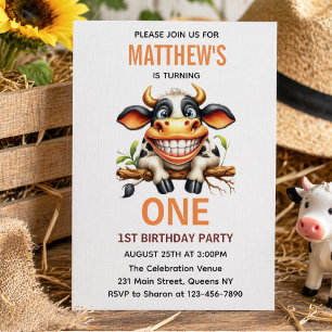 Cute Crazy Cow Farm Theme 1st Birthday Invitation