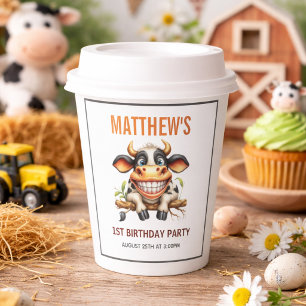 Cute Crazy Cow Farm Theme 1st Birthday Paper Cups