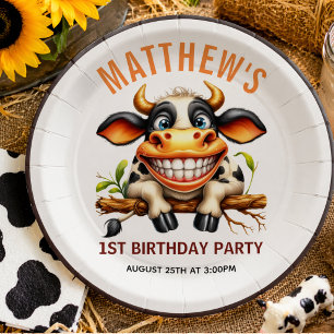 Cute Crazy Cow Farm Theme 1st Birthday Paper Plate