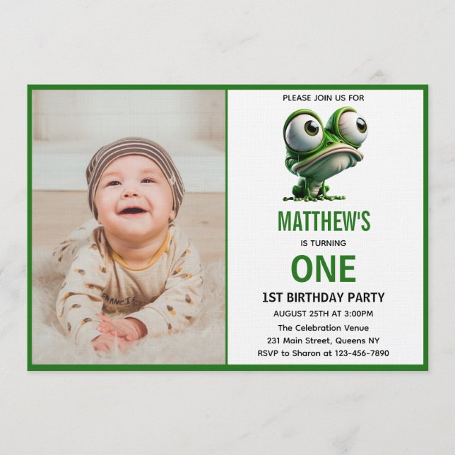 Cute Crazy Frog Farm Theme 1st Birthday Invitation (Front)