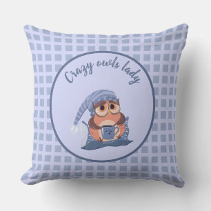Cute Crazy Lady Blue Grey Baby Owl Cap Cushion