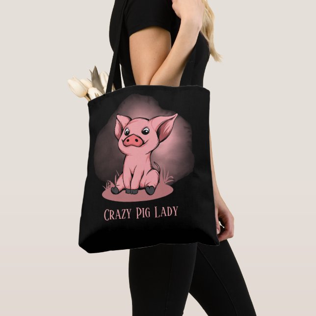 cute crazy pig lady add text  tote bag (Close Up)