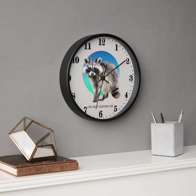 Cute crazy racoon lady add text clock (Office)