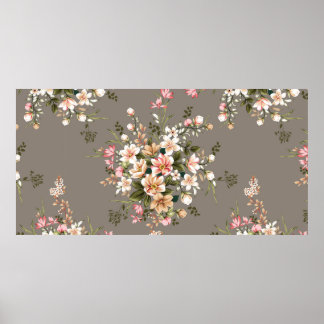 cute cream and pink flowers leaves bunches pattern poster