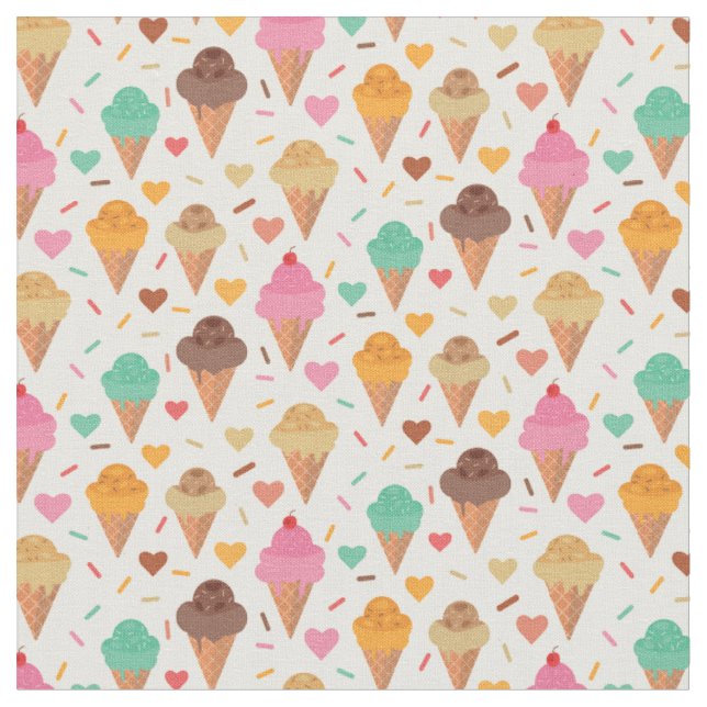 Cute Cream Cone With Hearts pattern  Fabric (Close Up)