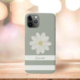 Cute Cream Daisy Flower Stripe Sage Green Name Case-Mate iPhone Case