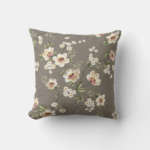 cute cream flowers with green leaves pattern on br cushion