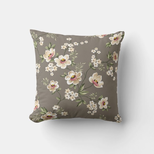 cute cream flowers with green leaves pattern on br cushion (Front)