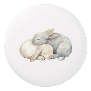 Cute Cream Grey Sleeping Bunnies Plaid Ceramic Knob