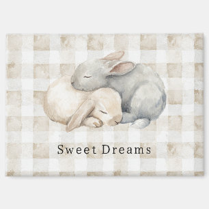 Cute Cream Grey Sleeping Bunnies Plaid Magnet