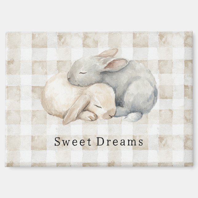 Cute Cream Grey Sleeping Bunnies Plaid Magnet (Front)