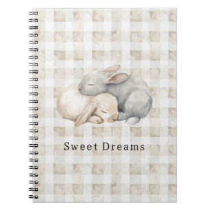 Cute Cream Grey Sleeping Bunnies Plaid Notebook