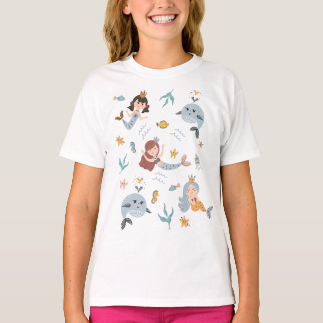 Cute Creative Illustrated Kids' Mermaids T-Shirt (Front)