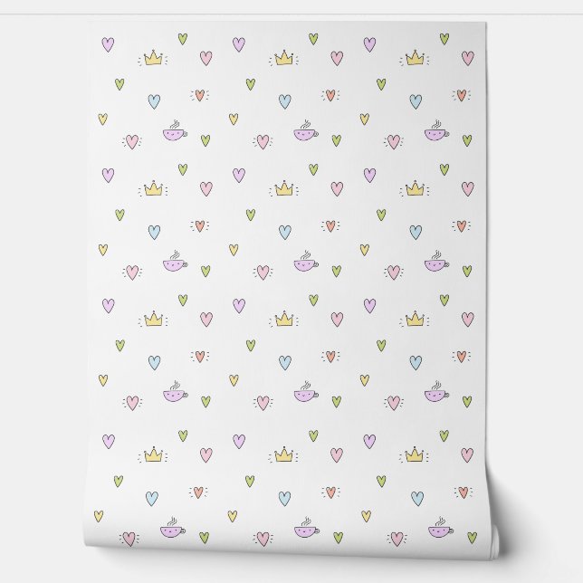 Cute Creatures; Hearts, Crowns & Teacups Nursery Wallpaper (Unrolling)