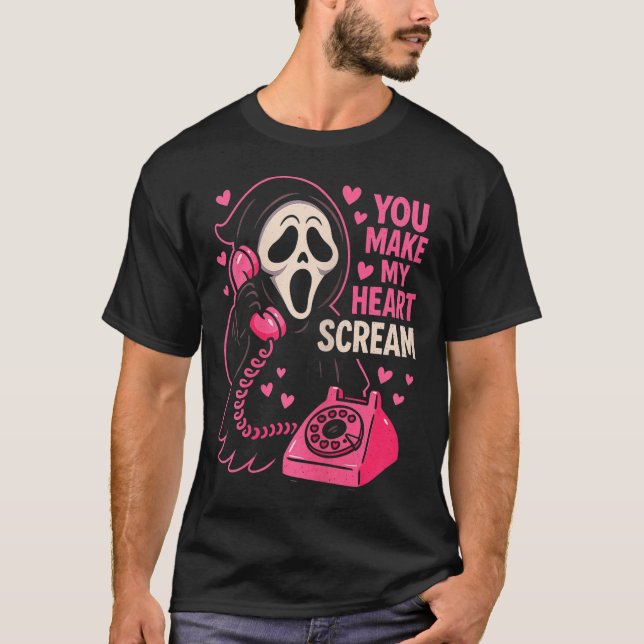Cute Creepy Horror Make My Heart Scream Valentine’ T-Shirt (Front)