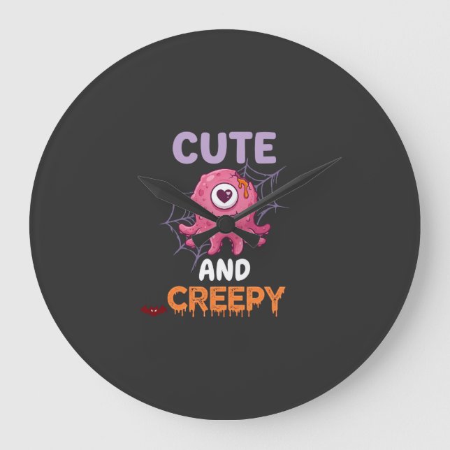 Cute Creepy Pink Monster Halloween Spider Web Bats Large Clock (Front)