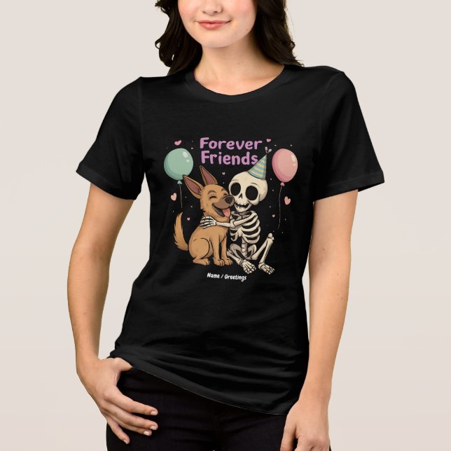 Cute Creepy Skeleton Hugging German Shepherd Dog F Tri-Blend Shirt (Front)
