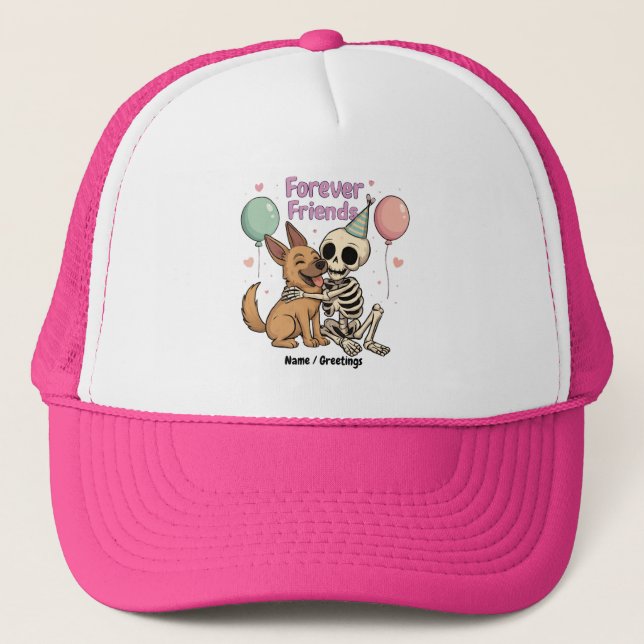 Cute Creepy Skeleton Hugging German Shepherd Dog F Trucker Hat (Front)