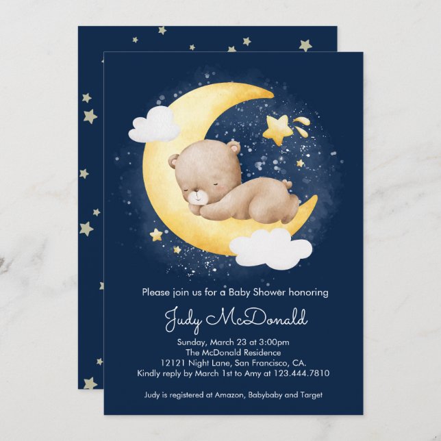 Cute Crescent Navy Moon Teddy Bear Baby Shower  Invitation (Front/Back)
