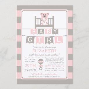 Cute Crib Bear Girls Baby Shower Invitation