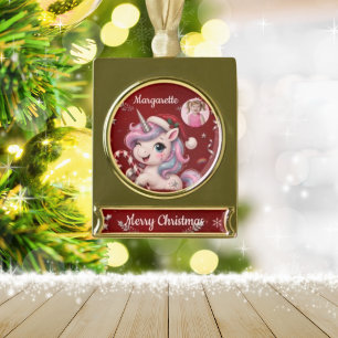 Cute Crimson Christmas Unicorn Girl Photo Gold Plated Banner Ornament
