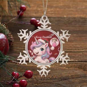Cute Crimson Christmas Unicorn Girl Photo Snowflake Pewter Christmas Ornament