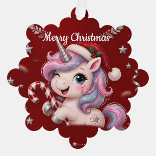 Cute Crimson Christmas Unicorn Girl Photo Tree Decoration Card