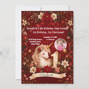 Cute Crimson Unicorn 1st Birthday 1st Christmas Invitation