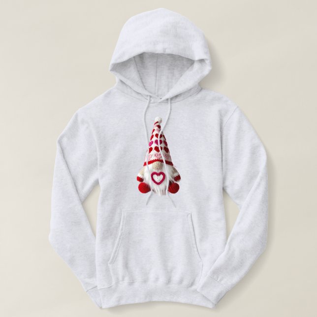 Cute Crochet Heart Pattern Valentine Gnome Hoodie (Design Front)