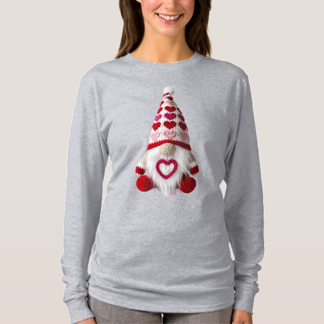 Cute Crochet Heart Pattern Valentine Gnome T-Shirt (Front)