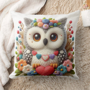Cute Crochet Owl Holding Heart with Colourful Yarn Cushion