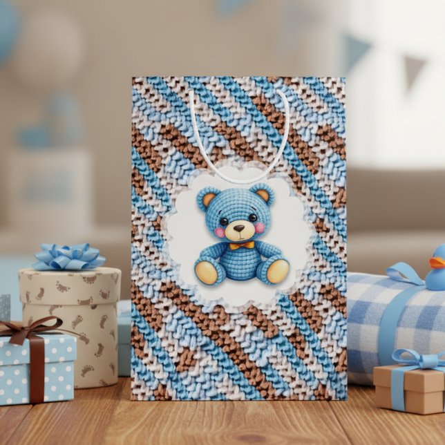 Cute Crochet Teddy Bear Blue and Brown Medium Gift Bag (Creator Uploaded)