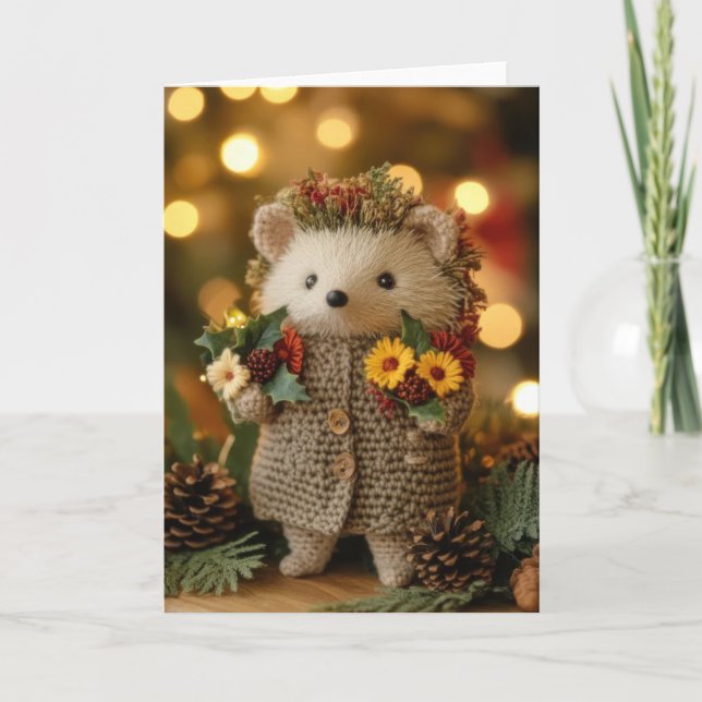 Cute Crocheted Christmas Hedgehog Holiday Card (Front)