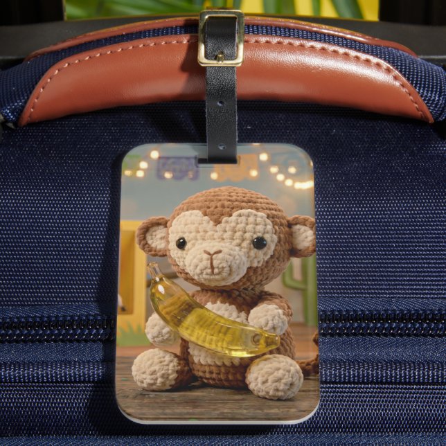 Cute Crocheted Monkey and Banana Luggage Tag (Front Insitu 2)