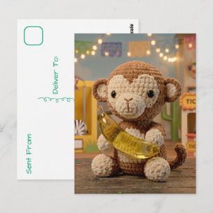 Cute Crocheted Monkey Holding a Banana at the Zoo Postcard