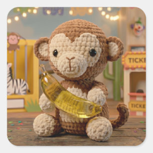 Cute Crocheted Monkey Holding a Banana at the Zoo Square Sticker