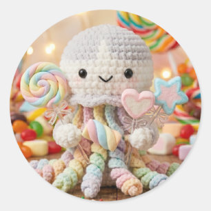 Cute Crocheted Octopus and Candy Land Classic Round Sticker