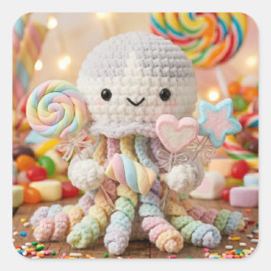 Cute Crocheted Octopus and Candy Land Square Sticker