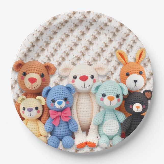 Cute Crocheted Stuffed Animals Boy's Baby Shower Paper Plate (Front)