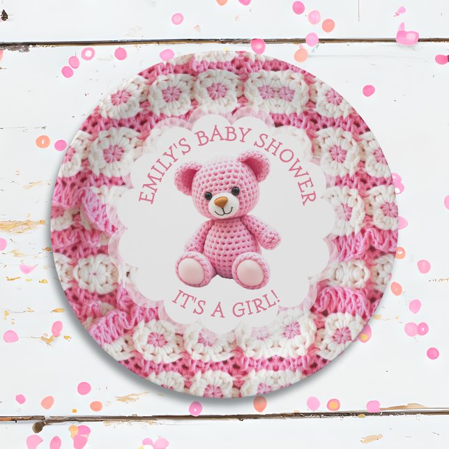 Cute Crocheted Teddy Bear Girl's Baby Shower Paper Plate (Creator Uploaded)