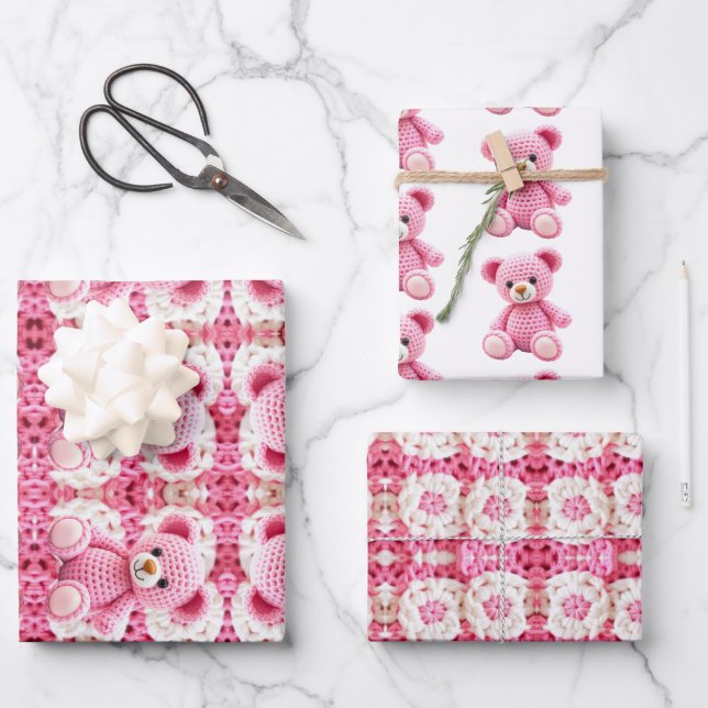 Cute Crocheted Teddy Bear Girl's Baby Shower Wrapping Paper Sheet (Front)