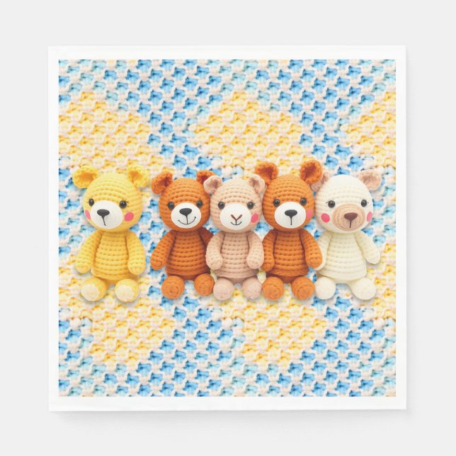 Cute Crocheted Teddy Bears Boy's Baby Shower Napkin (Front)