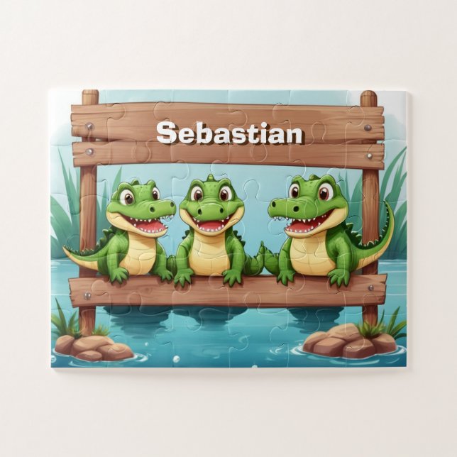 Cute crocodile kids personalised  jigsaw puzzle (Horizontal)